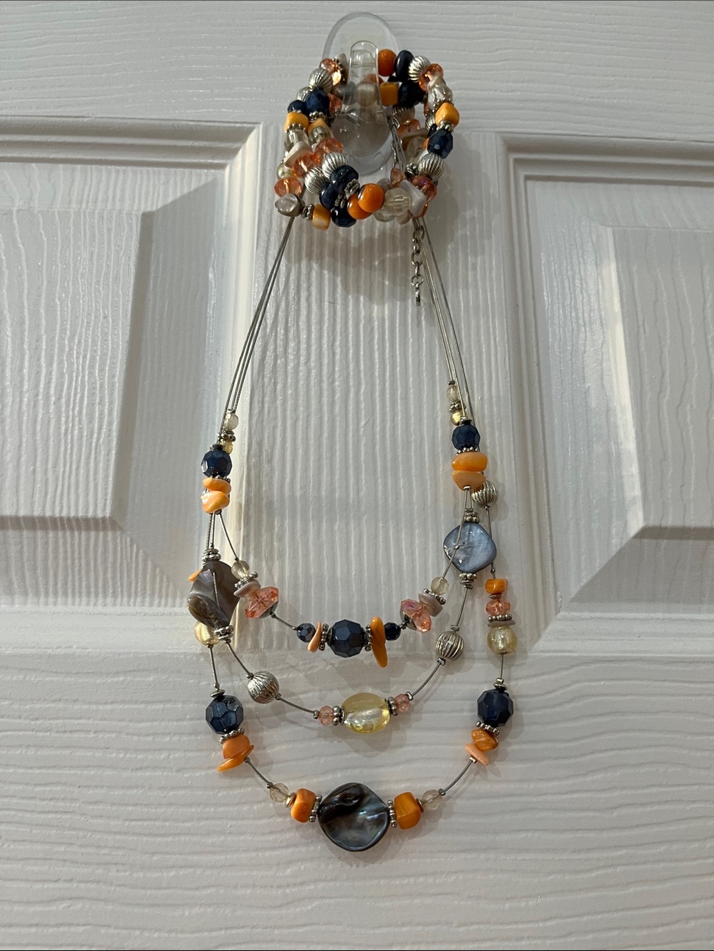 Multi-Strand Orange / tangerine and Navy Beaded Necklace